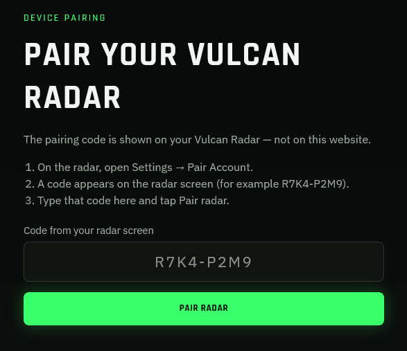 Website pairing page with the code from the radar entered and the Pair radar button