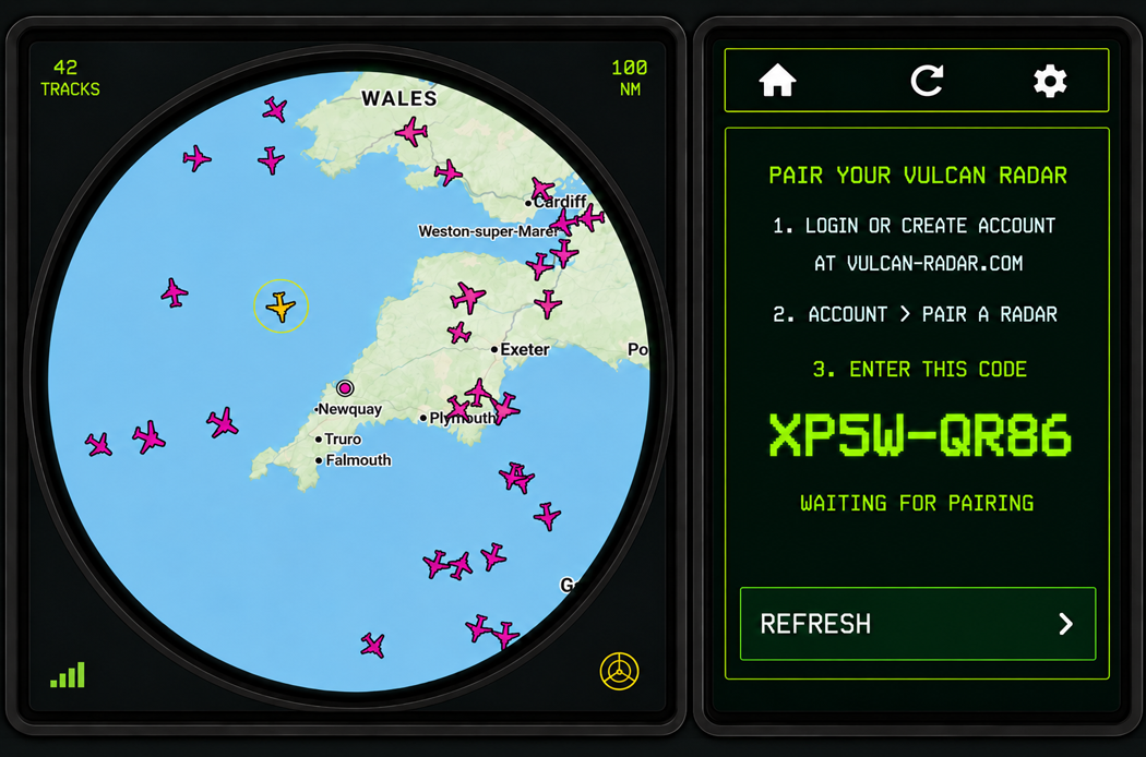 Vulcan Radar Pair Account screen showing the pairing code to enter on the website