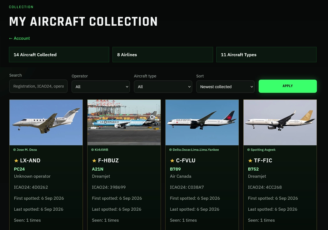 Min flysamling på vulcan-radar.com med sette fly, typer og flyselskaper