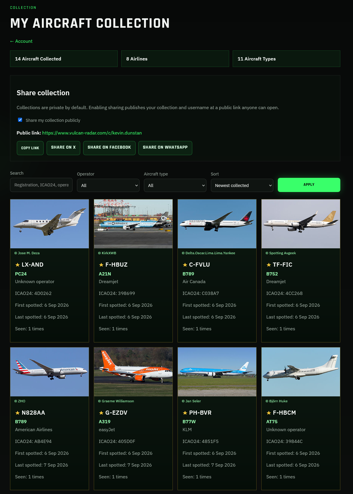 My Aircraft Collection page showing collected aircraft with photos, types, and airlines
