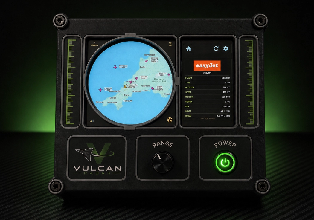 Vulcan Radar 5-tommers live-display med kartunderlag og flydetaljpanel