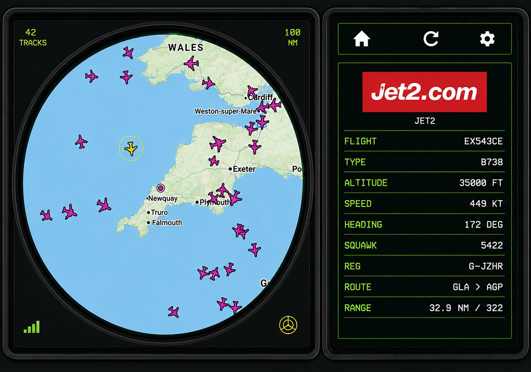 Vulcan Desktop Radar plane tracker screen showing live aeroplanes on the map