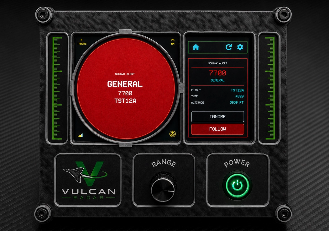 Vulcan Desktop Radar med nød-squawk 7700-varsel på live-radaren