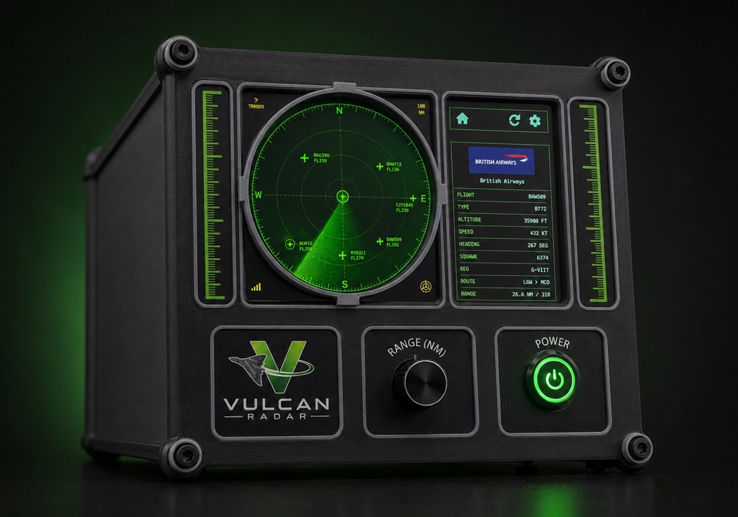 Vulcan Radar desktop radar on a desk with classic aviation styling and illuminated controls