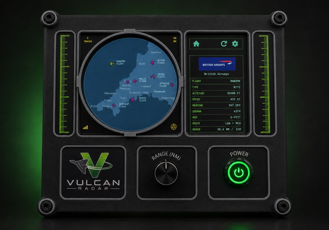 Close-up of the Vulcan Radar desktop flight tracker display and rotary range control