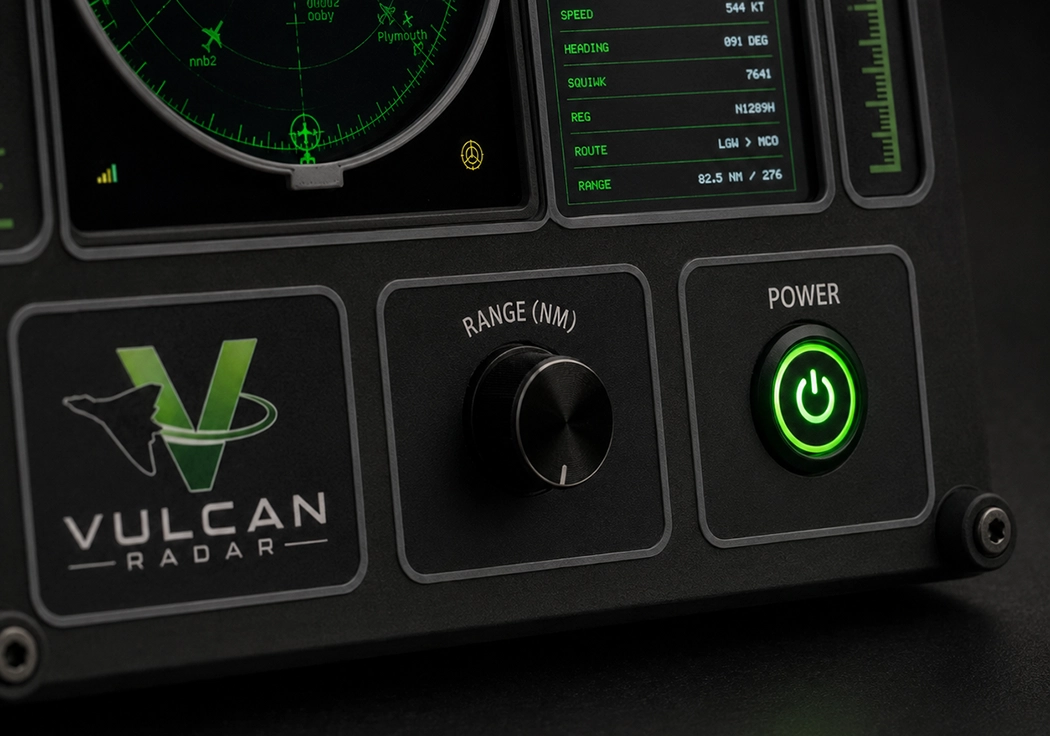 Close-up of the Vulcan Radar logo, range dial, and illuminated power control