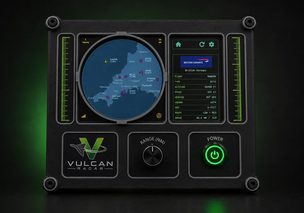 Vulcan Radar 5-inch live display with map underlay and flight details panel