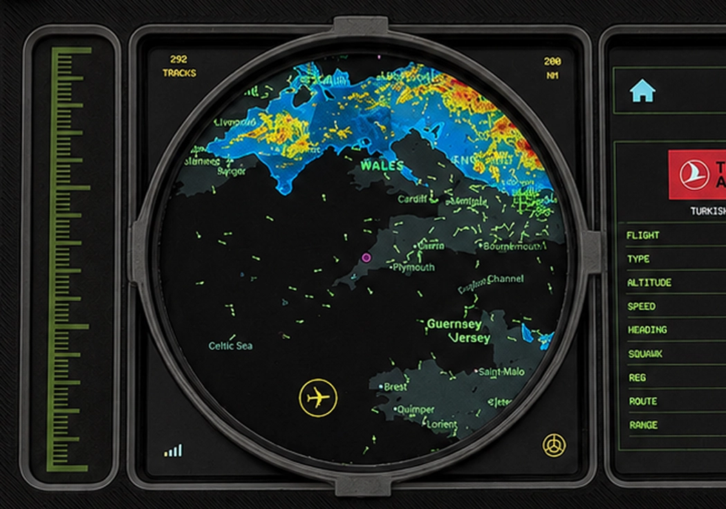 Nærbilde av Vulcan Desktop Radar-skjermen med live værradaroverlegg og flyspor